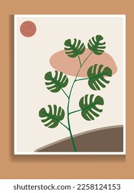 Topical leaves abstract art background vector. Wall art design with earth tone and watercolor brush texture.