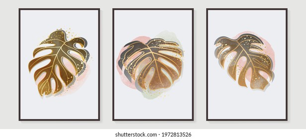 Topical leaves abstract watercolor art background vector. Wall arts design with earth tone and watercolor brush texture.