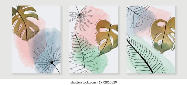 Topical leaves abstract watercolor art background vector. Wall arts design with earth tone and watercolor brush texture.