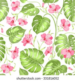 Topical palm leaves on seamless pattern. Topical palm leaves and beautiful alstroemeria on seamless background. Vector illustration.