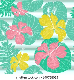 Topical palm leaves on seamless pattern . Vector illustration.