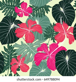Topical palm leaves on seamless pattern . Vector illustration.