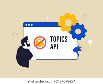 Topics API privacy-focused advertising solution, cookieless tracking. Ad targeting by categorizing content, automating topic analysis for more effective advertising campaigns. Vector illustration