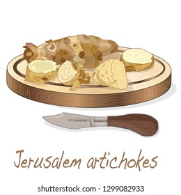 Topinambour. Jerusalem artichoke on plate vector illustration set. White background.