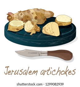 Topinambour. Jerusalem artichoke on plate vector illustration set. White background.