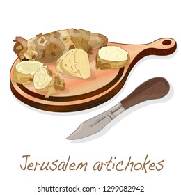 Topinambour. Jerusalem artichoke on plate vector illustration set. White background.