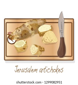 Topinambour. Jerusalem artichoke on plate vector illustration set. White background.