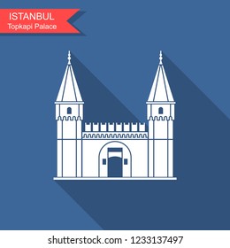 Topkapi Palace, Gate of Salutation, Istanbul, Turkey. Flat icon with long shadow