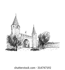 Topkapi Palace, Gate of Salutation, Istanbul, Turkey. Vector freehand pencil sketch.