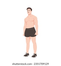 topless man in black short standing happy on isolated white background, man going fitness, body positivity for men, bulking man standing confident