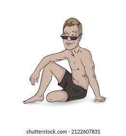 Hombre topless en la playa con gafas. Los aviones se sientan en la arena y levantan una ceja. Muy confiado.