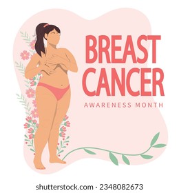 Topless plus size woman examining her breast on the abstract flowers background. Breast cancer awareness and prevention concept. Flat vector illustration