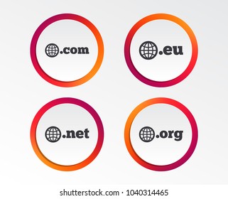 Top-level internet domain icons. Com, Eu, Net and Org symbols with globe. Unique DNS names. Infographic design buttons. Circle templates. Vector