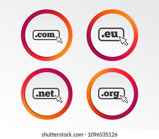 Top-level internet domain icons. Com, Eu, Net and Org symbols with cursor pointer. Unique DNS names. Infographic design buttons. Circle templates. Vector