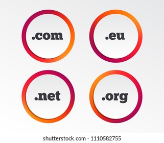 Top-level internet domain icons. Com, Eu, Net and Org symbols. Unique DNS names. Infographic design buttons. Circle templates. Vector