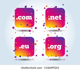 Top-level internet domain icons. Com, Eu, Net and Org symbols. Unique DNS names. Colour gradient square buttons. Flat design concept. Vector