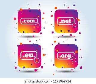 Top-level internet domain icons. Com, Eu, Net and Org symbols with hand pointer. Unique DNS names. Colour gradient square buttons. Flat design concept. Vector