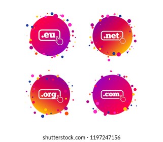 Top-level internet domain icons. Com, Eu, Net and Org symbols with hand pointer. Unique DNS names. Gradient circle buttons with icons. Random dots design. Vector