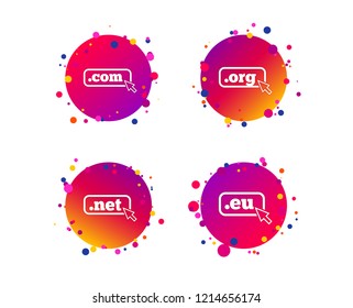 Top-level internet domain icons. Com, Eu, Net and Org symbols with cursor pointer. Unique DNS names. Gradient circle buttons with icons. Random dots design. Vector