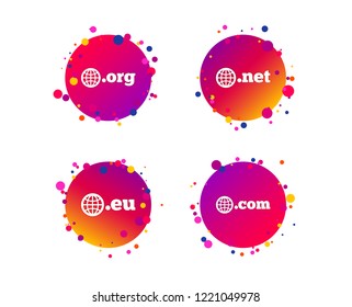 Top-level internet domain icons. Com, Eu, Net and Org symbols with globe. Unique DNS names. Gradient circle buttons with icons. Random dots design. Vector