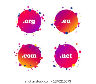 Top-level internet domain icons. Com, Eu, Net and Org symbols. Unique DNS names. Gradient circle buttons with icons. Random dots design. Vector