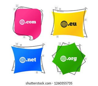 Top-level internet domain icons. Com, Eu, Net and Org symbols with globe. Unique DNS names. Geometric colorful tags. Banners with flat icons. Trendy design. Vector