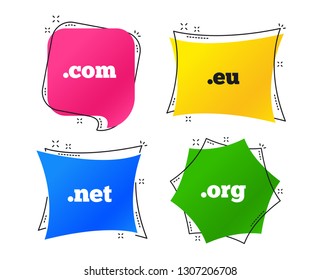 Top-level internet domain icons. Com, Eu, Net and Org symbols. Unique DNS names. Geometric colorful tags. Banners with flat icons. Trendy design. Vector