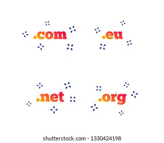 Top-level internet domain icons. Com, Eu, Net and Org symbols. Unique DNS names. Random dynamic shapes. Gradient domain icon. Vector