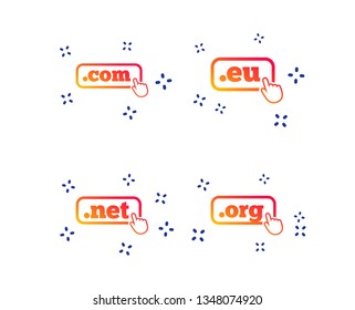 Top-level internet domain icons. Com, Eu, Net and Org symbols with hand pointer. Unique DNS names. Random dynamic shapes. Gradient domain icon. Vector