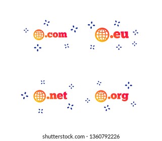 Top-level internet domain icons. Com, Eu, Net and Org symbols with globe. Unique DNS names. Random dynamic shapes. Gradient domain icon. Vector