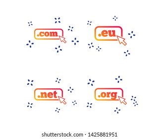 Top-level internet domain icons. Com, Eu, Net and Org symbols with cursor pointer. Unique DNS names. Random dynamic shapes. Gradient domain icon. Vector