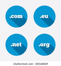 Top-level internet domain icons. Com, Eu, Net and Org symbols. Unique DNS names. Circle concept web buttons. Vector