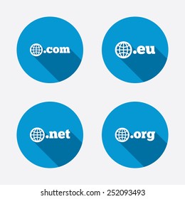 Top-level internet domain icons. Com, Eu, Net and Org symbols with globe. Unique DNS names. Circle concept web buttons. Vector