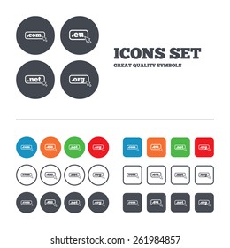 Top-level internet domain icons. Com, Eu, Net and Org symbols with cursor pointer. Unique DNS names. Web buttons set. Circles and squares templates. Vector