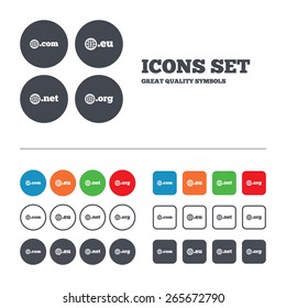 Top-level internet domain icons. Com, Eu, Net and Org symbols with globe. Unique DNS names. Web buttons set. Circles and squares templates. Vector