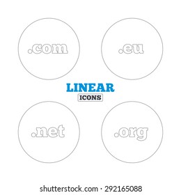 Top-level internet domain icons. Com, Eu, Net and Org symbols. Unique DNS names. Linear outline web icons. Vector