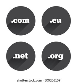 Top-level internet domain icons. Com, Eu, Net and Org symbols. Unique DNS names. Circles buttons with long flat shadow. Vector