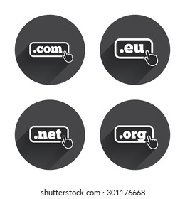 Top-level internet domain icons. Com, Eu, Net and Org symbols with hand pointer. Unique DNS names. Circles buttons with long flat shadow. Vector