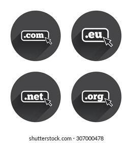 Top-level internet domain icons. Com, Eu, Net and Org symbols with cursor pointer. Unique DNS names. Circles buttons with long flat shadow. Vector