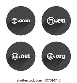 Top-level internet domain icons. Com, Eu, Net and Org symbols with globe. Unique DNS names. Circles buttons with long flat shadow. Vector