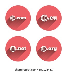 Top-level internet domain icons. Com, Eu, Net and Org symbols with globe. Unique DNS names. Pink circles flat buttons with shadow. Vector