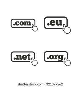 Top-level internet domain icons. Com, Eu, Net and Org symbols with hand pointer. Unique DNS names. Flat icons on white. Vector