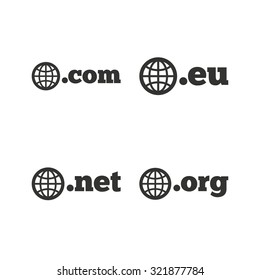 Top-level internet domain icons. Com, Eu, Net and Org symbols with globe. Unique DNS names. Flat icons on white. Vector