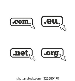 Top-level internet domain icons. Com, Eu, Net and Org symbols with cursor pointer. Unique DNS names. Flat icons on white. Vector