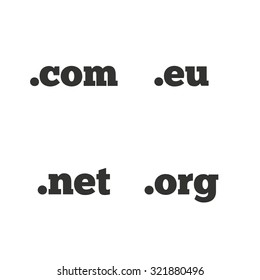 Top-level internet domain icons. Com, Eu, Net and Org symbols. Unique DNS names. Flat icons on white. Vector