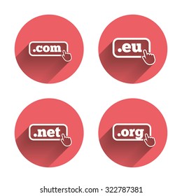 Top-level internet domain icons. Com, Eu, Net and Org symbols with hand pointer. Unique DNS names. Pink circles flat buttons with shadow. Vector