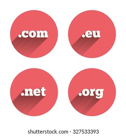 Top-level internet domain icons. Com, Eu, Net and Org symbols. Unique DNS names. Pink circles flat buttons with shadow. Vector