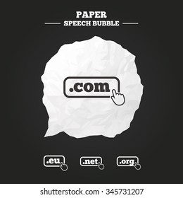 Top-level internet domain icons. Com, Eu, Net and Org symbols with hand pointer. Unique DNS names. Paper speech bubble with icon.