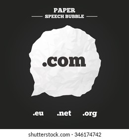 Top-level internet domain icons. Com, Eu, Net and Org symbols. Unique DNS names. Paper speech bubble with icon.