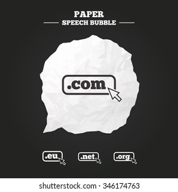 Top-level internet domain icons. Com, Eu, Net and Org symbols with cursor pointer. Unique DNS names. Paper speech bubble with icon.